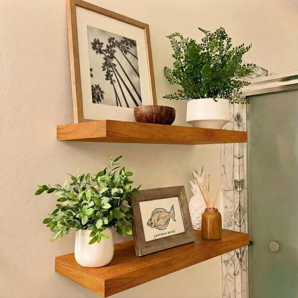IAE Floating Wall Shelves 16 inch,Bathroom Shelving Wall Mounted,Teak