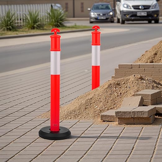VEVOR 2 Pack Traffic Delineator Posts, 48 inches Traffic Safety Cones with Fillable Base and Reflective Strips, Heavy Duty Delineator Posts for Construction Site, Parking Lot, Crowd Control, Red