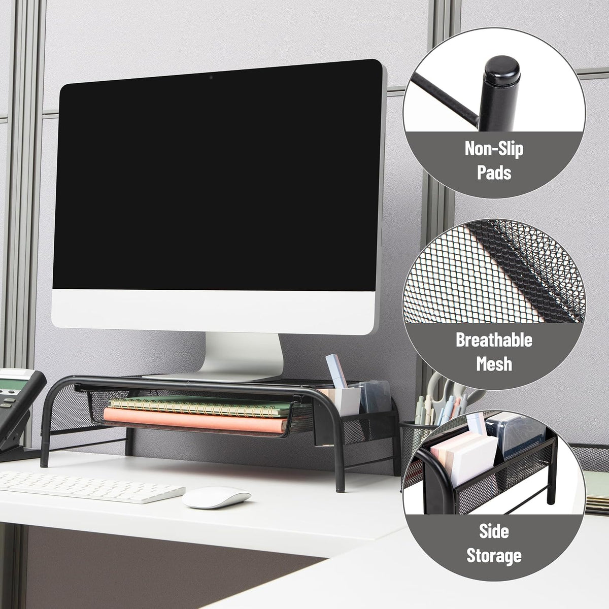 Mind Reader Monitor Stand, Ventilated Laptop Riser, Paper Tray, Office, Metal Mesh, Set of 2, Black