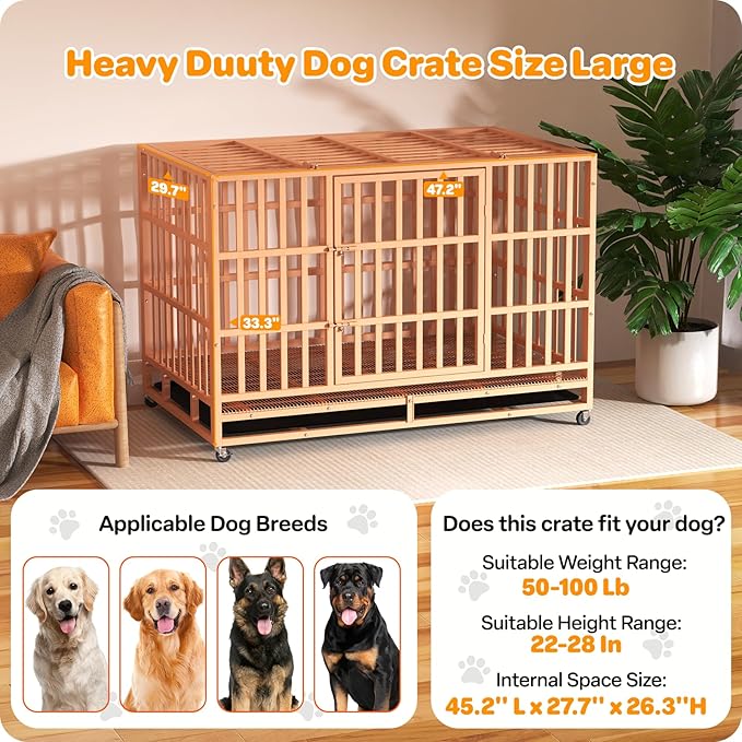 48 Inch Heavy Duty Dog Crate, Indestructible Escape-Proof Dog Kennel for High Anxiety Large Dogs, Strong Metal Pet Cage with Double Doors, Lockable Wheels & Removable Tray, XL XXL XXXL