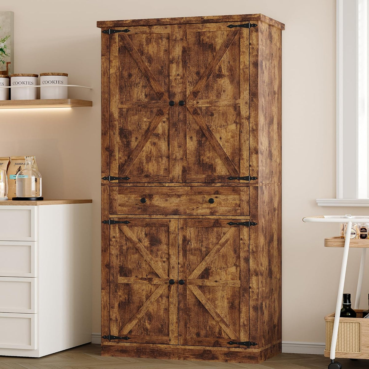 BORNOON Pantry Organizers and Storage Cabinet, 67.71” Barn Door Kitchen Cabinet with Drawers and Adjustable Shelf, Tall Pantry for Kitchen, Dining Room, Living Room