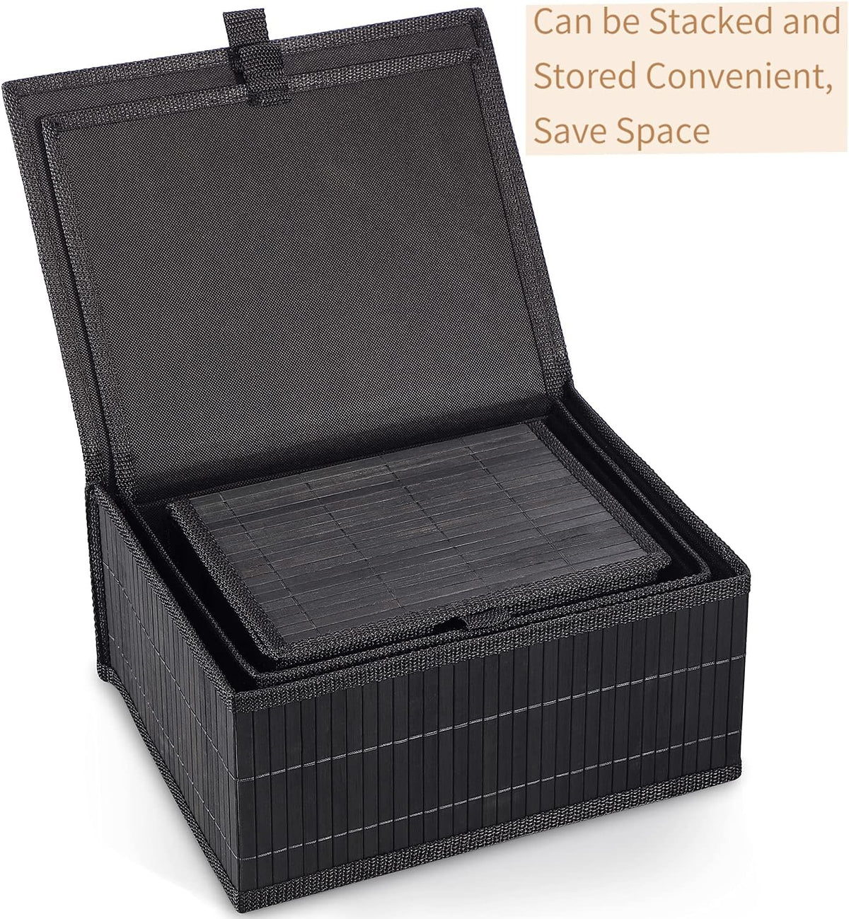 Honygebia Bamboo Decorative Storage Boxes - Set of 3 Woven Lined Storage Basket with Lids, Black Wicker Lidded Baskets for Home Kitchen Shelf Organizer Decor