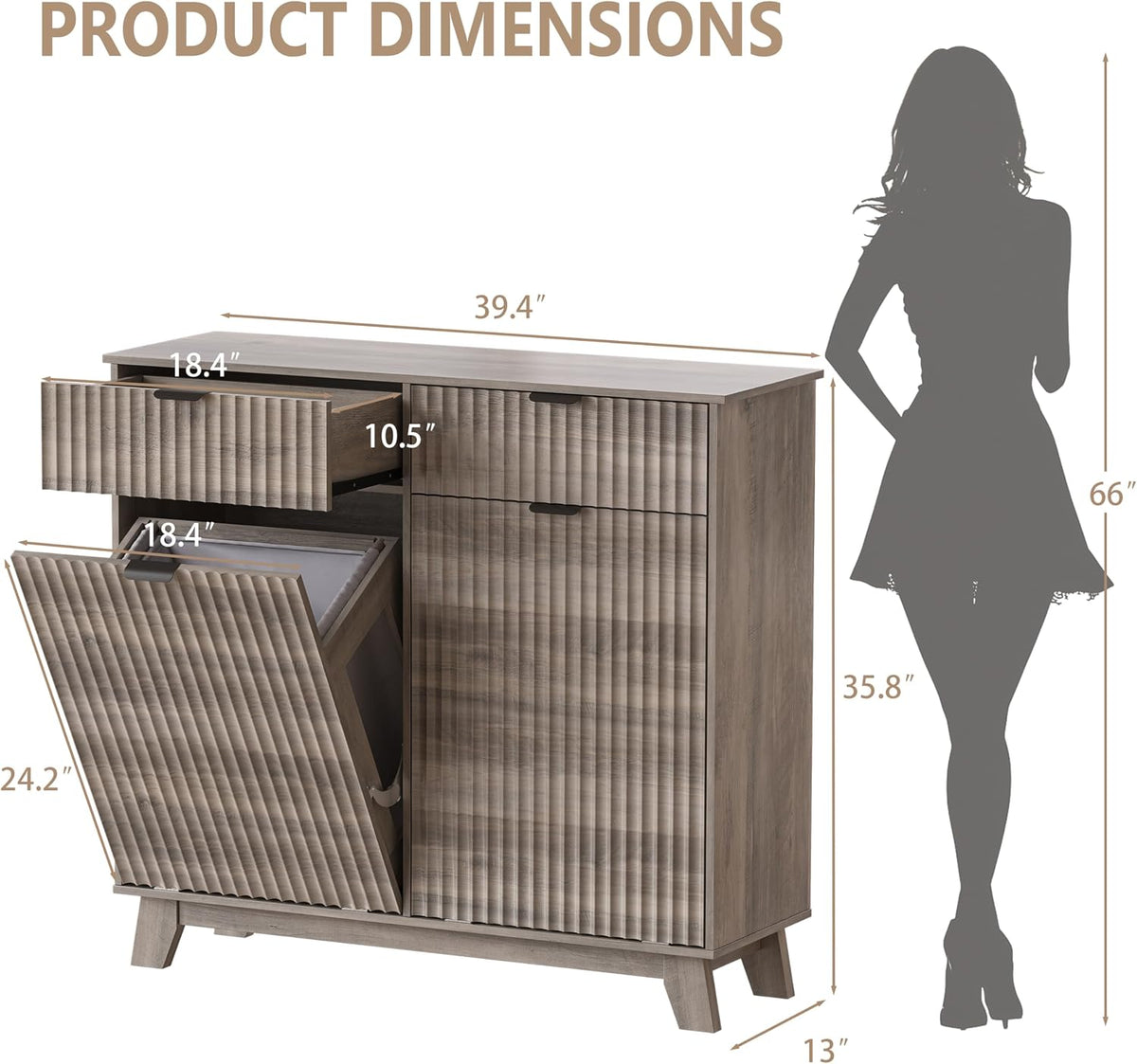 Wodeer Double Tilt Out Laundry Hamper Cabinet with 2 Drawers & Baskets, 20 Gallon Fluted Hidden Trash Can Cabinet, Farmhouse Wood Laundry Storage Cabinets for Bathroom, Kitchen, Grey