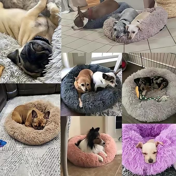 Calming Dog Bed for Small Dogs, Calming Donut Cuddler Pet Bed Anti Anxiety Round Dog Bed Fluffy Plush Faux Fur Cat Bed,Navy Blue,15.7IN