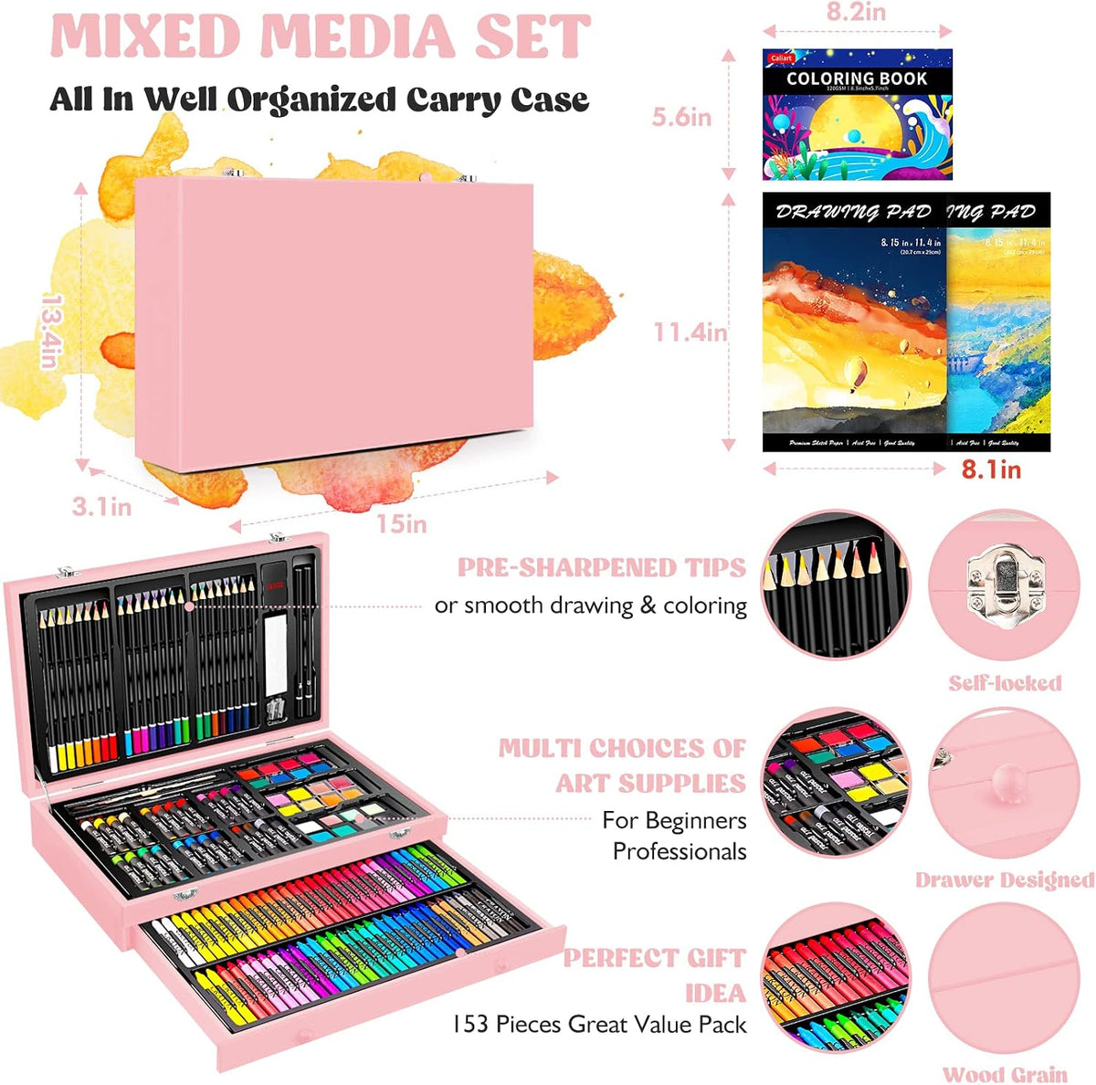 Caliart Art Supplies Kit, 153-Pack Deluxe Drawing Art Set Painting Coloring