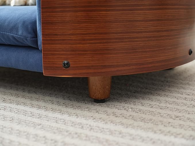 Scandinavian Style Elevated Dog Bed Pet Sofa with Solid Wood Legs and Bent Wood Back, Velvet Cushion, Small Size, Walnut Frame & Dark Blue Cushion