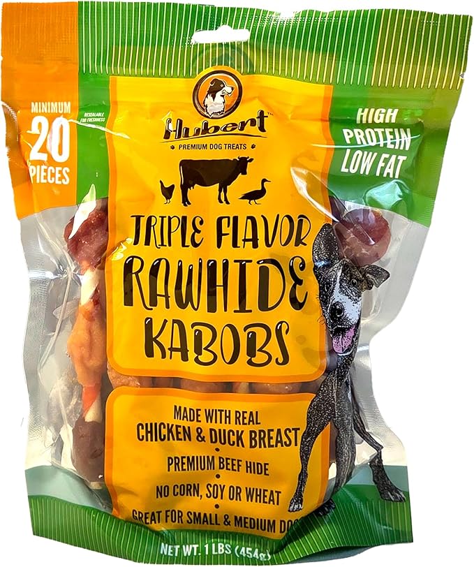 Hubert Pet Triple Flavored Rawhide Kabobs, Chicken, Duck & Pork Hide Dog Chews, All Natural Treats for All Dog Sizes, 1 lb Resealable Bag