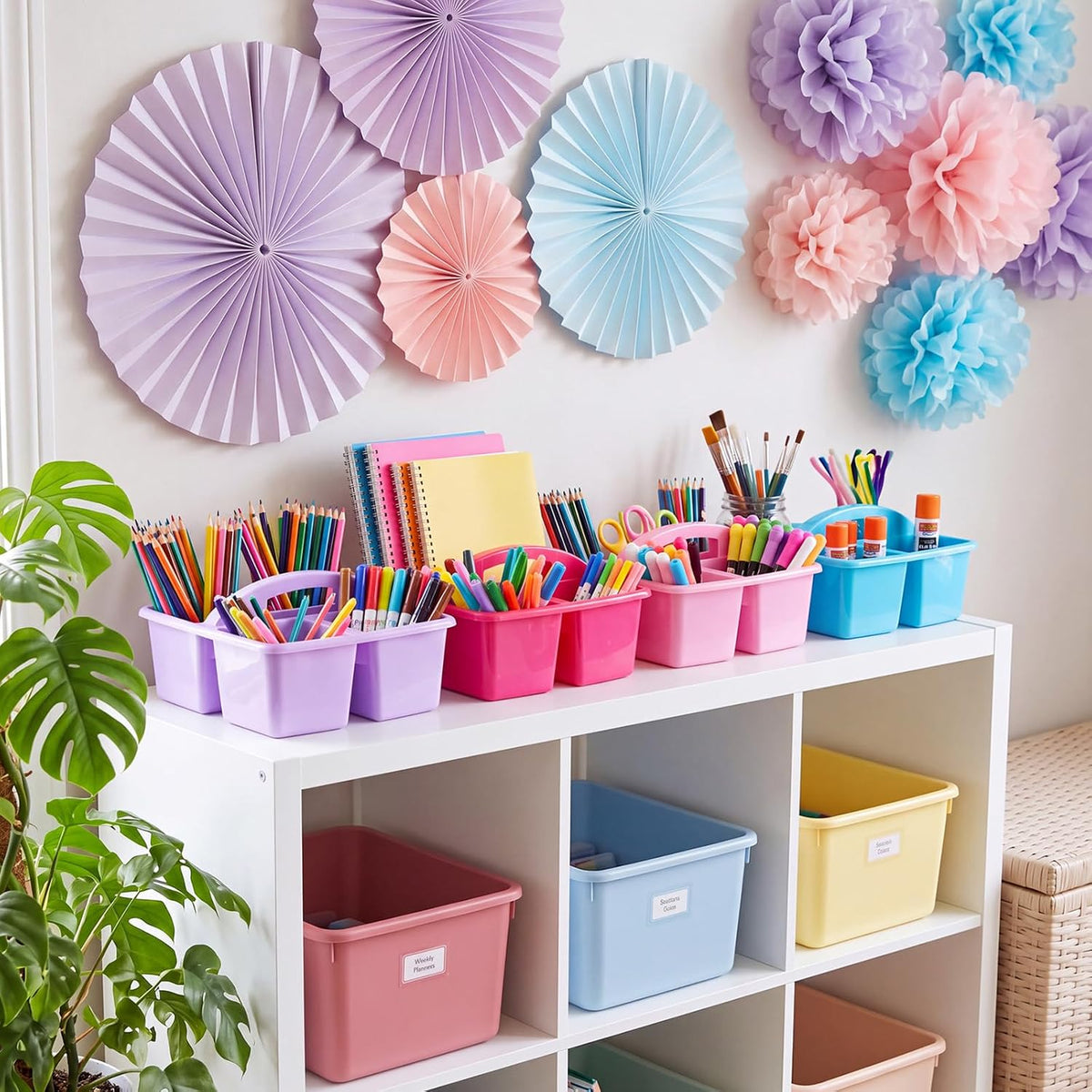 Kathfly 12 Pack Classroom Caddy Organizer with Handle Bulk, Purple Pink
