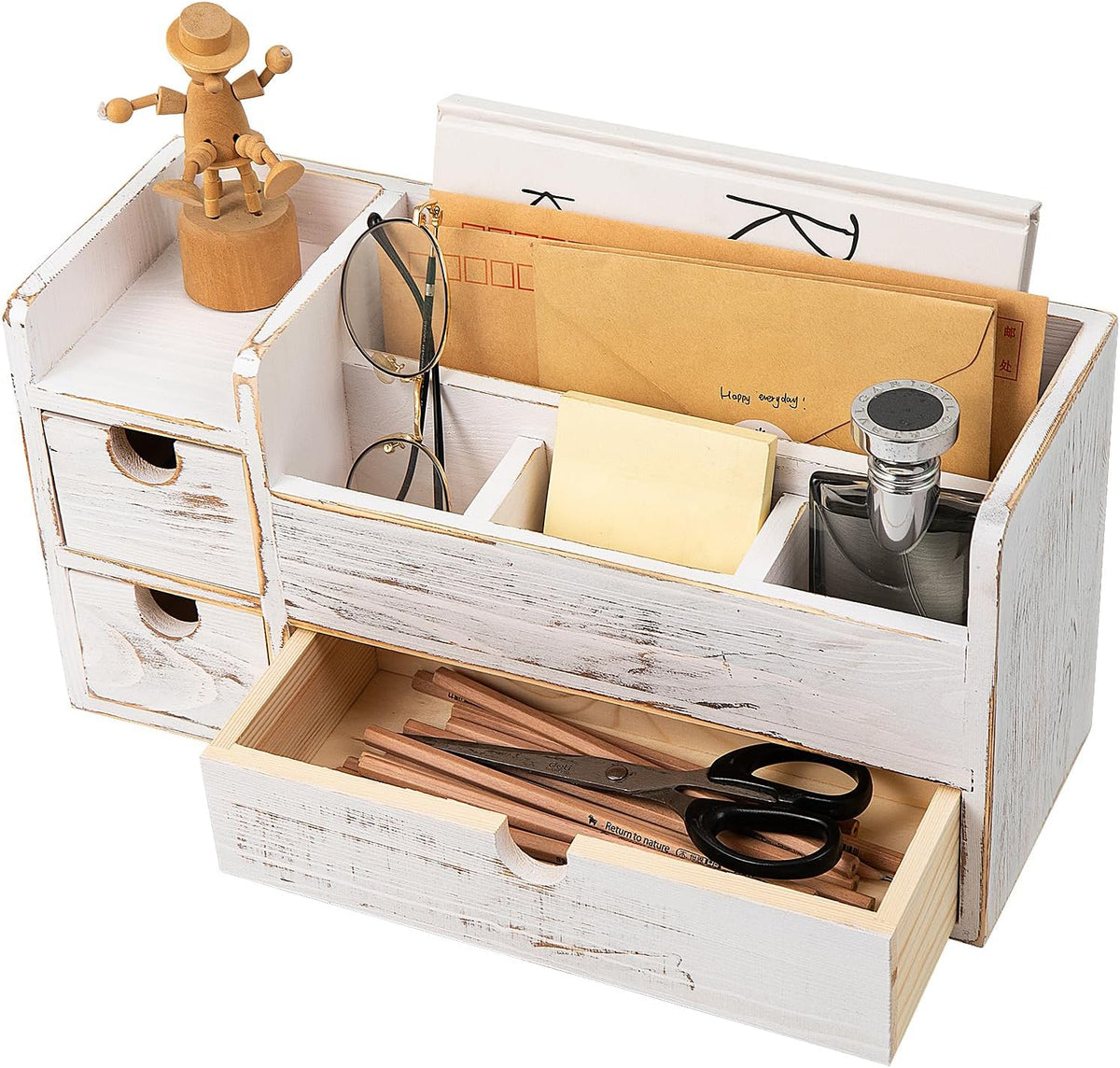 White Wooden Desktop Organizer 3 Removable Drawers Office Supplies Wood Storage Caddy Box Stationery Pencil Multiple Cabinet Slots Mail Holder Note Pads Accessories Home Makeup Tools Cosmetics