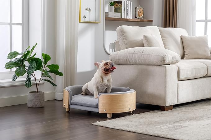 Dog Crate Furniture Elevated Dog Bed with Solid Wood Legs and Bent Wood Back, Mid Size Pet Sofa Kennel Indoor Cage House for Medium Dogs,LIGHTGREY