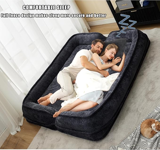 Double Human Dog Bed for Adult and Kids, Comfy Foldable Lazy Floor Loveseat Sofa Bed with 5 Adjustable Position, Upholstered Floor Bean Bag Lounger Chair for Bedroom, Living Room,Office (Black)