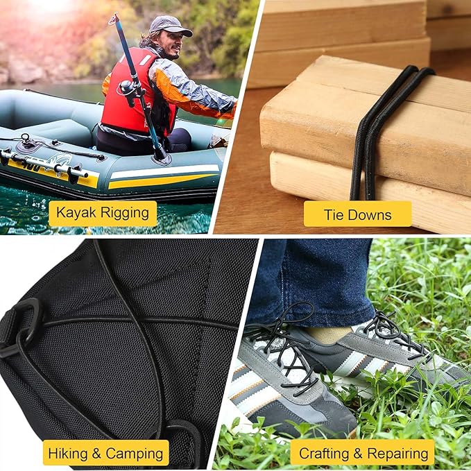Strong and Durable Bungee Cord Roll - 1/4" x 100ft Elastic Cord, Kayak Stretch String Rope, Bungee Shock Cords for Repairing Tent Poles, DIY, Tie Downs, Black