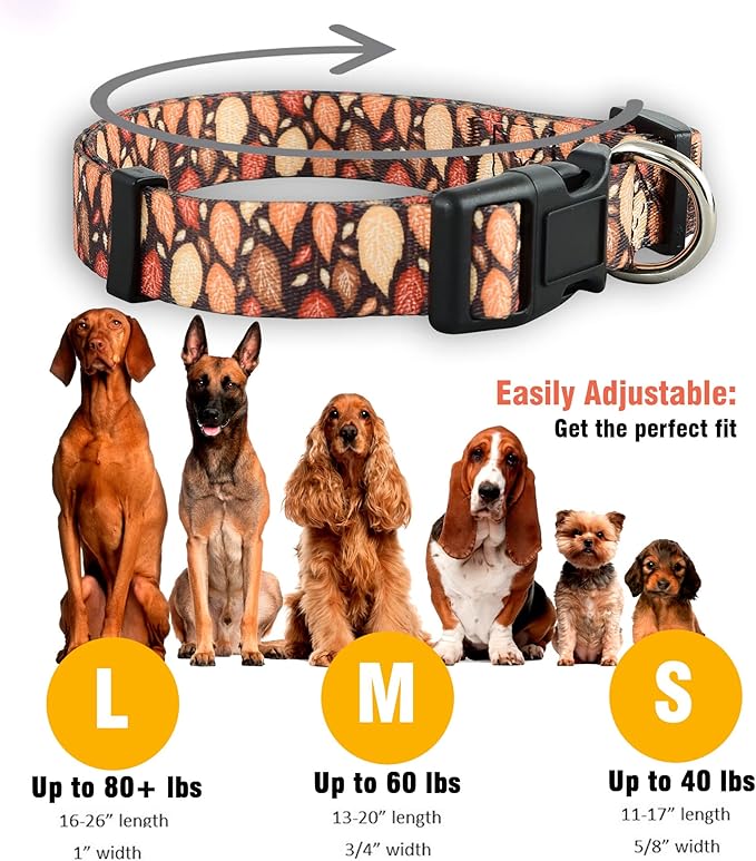 Native Pup Thanksgiving Dog Collar- Fall Collars for Dogs- Autumn Leaf, Turkey, Pumpkin Pie, Holiday Leaves- Girl Boy Puppy- Adjustable for Small, Medium, Large Breeds (Fall Leaves, Medium)