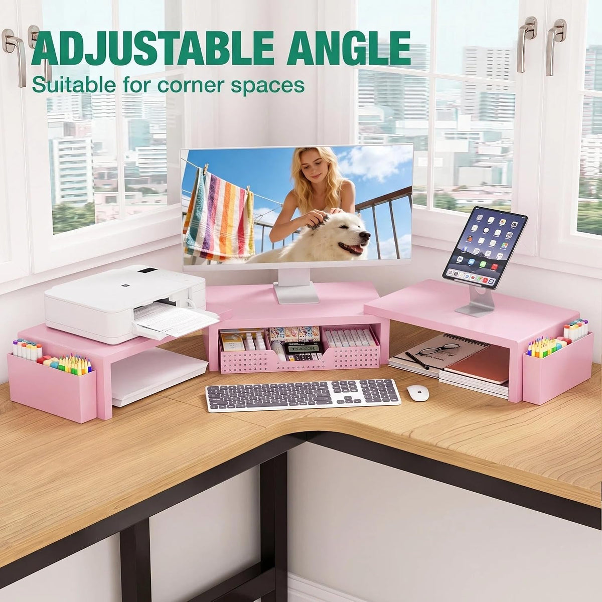 OPNICE Desk Organizer and Accessories, Computer Monitor Stand Riser with Drawer and 2 Pen Holders, Laptop Stand, Office Desk Accessories for Office Supplies, Pink