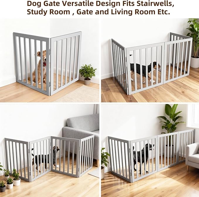 ZJSF Freestanding Indoor Dog Gate for House Foldable Wood Grey Puppy Gate for Doorways Pet Gate for Stairs Extra Wide Pet Fence 32" Height 2 Panels