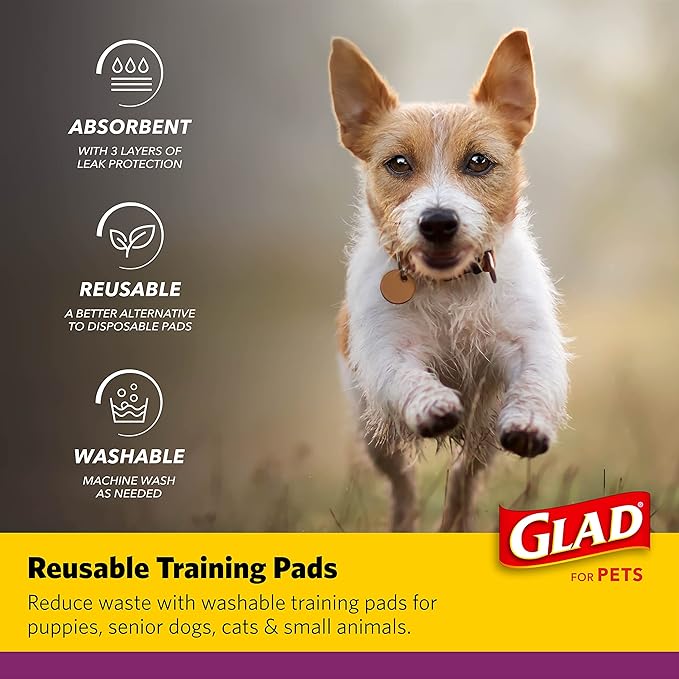 GLAD for Pets Washable Training Pads, Medium Size (24”x36”), 2 Pack Gray with Paw Prints| Re-usable Cloth Dog Training Pads with 3 Layers of Leak Protection and No Slip Grip Vinyl Bottom