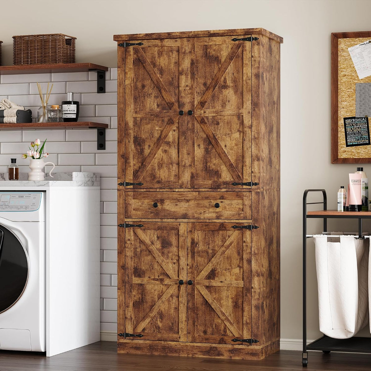BORNOON Pantry Organizers and Storage Cabinet, 67.71” Barn Door Kitchen Cabinet with Drawers and Adjustable Shelf, Tall Pantry for Kitchen, Dining Room, Living Room