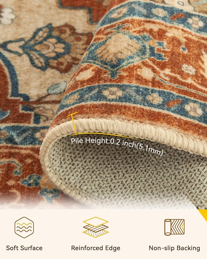 RELEANY Area Rugs Round 8ft Washable Non-Slip, Floral Vintage Distress