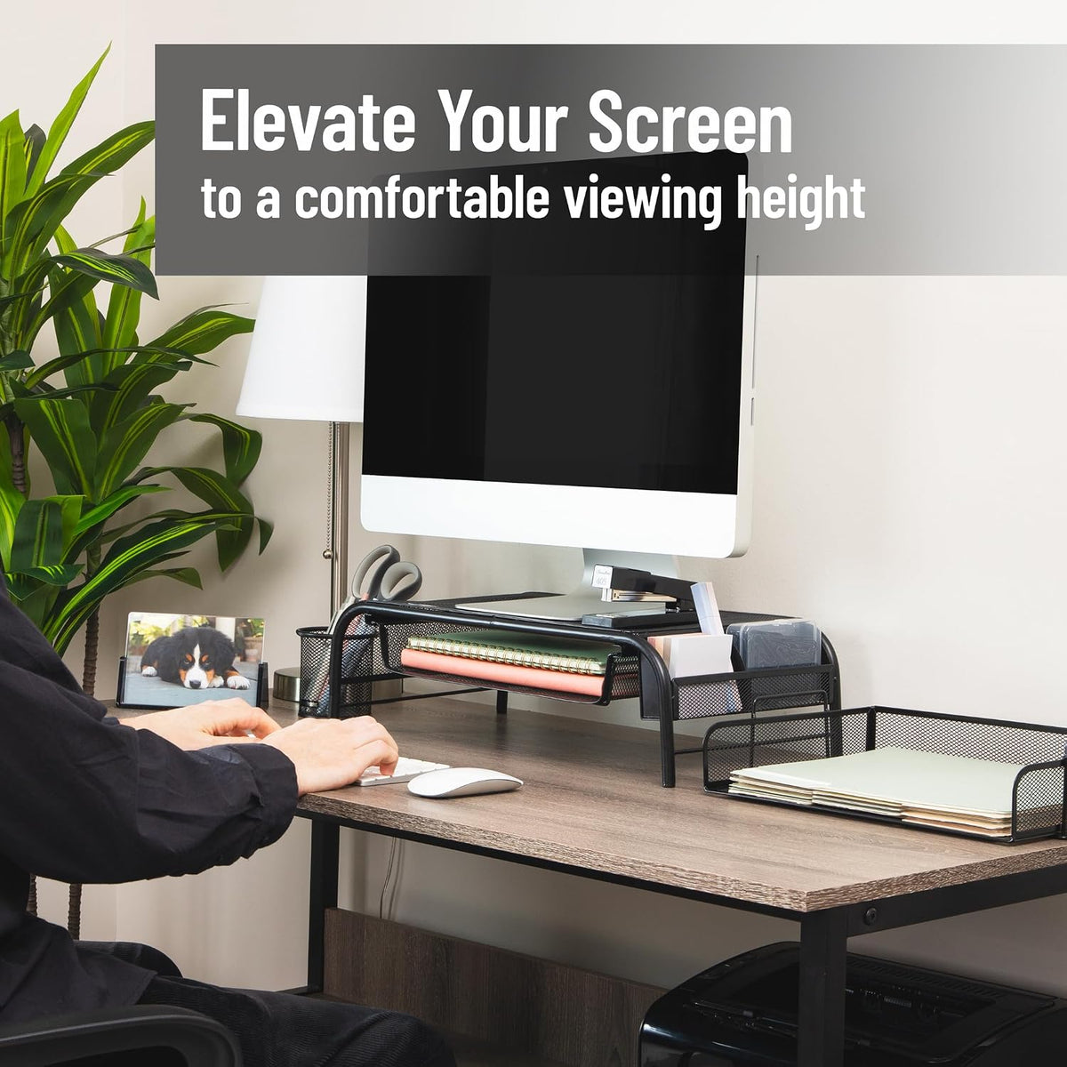 Mind Reader Monitor Stand, Ventilated Laptop Riser, Paper Tray, Office, Metal Mesh, Set of 2, Black