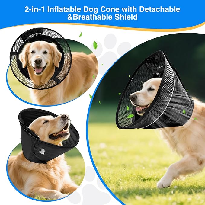 Inflatable Dog Cone for Dogs After Surgery,Soft Adjustable Elizabethan Collar for Small Dogs,2-in-1 Dog Cone with Detachable Shield,Anti-Anxiety Comfortable Pet E-Collar Prevents Licking Wounds(S)