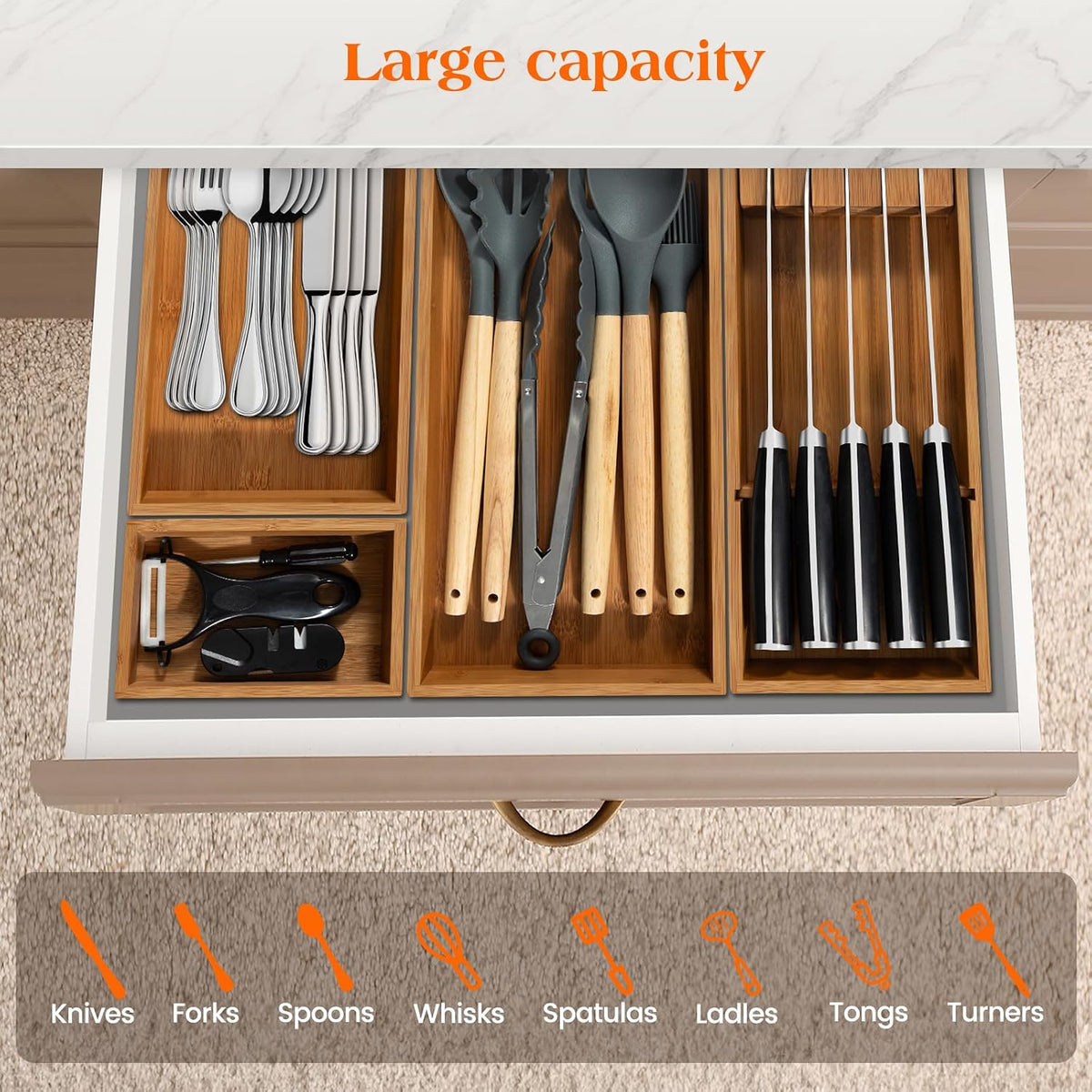 Piklohas Carbonized Bamboo Kitchen Silverwar Drawer Organizer