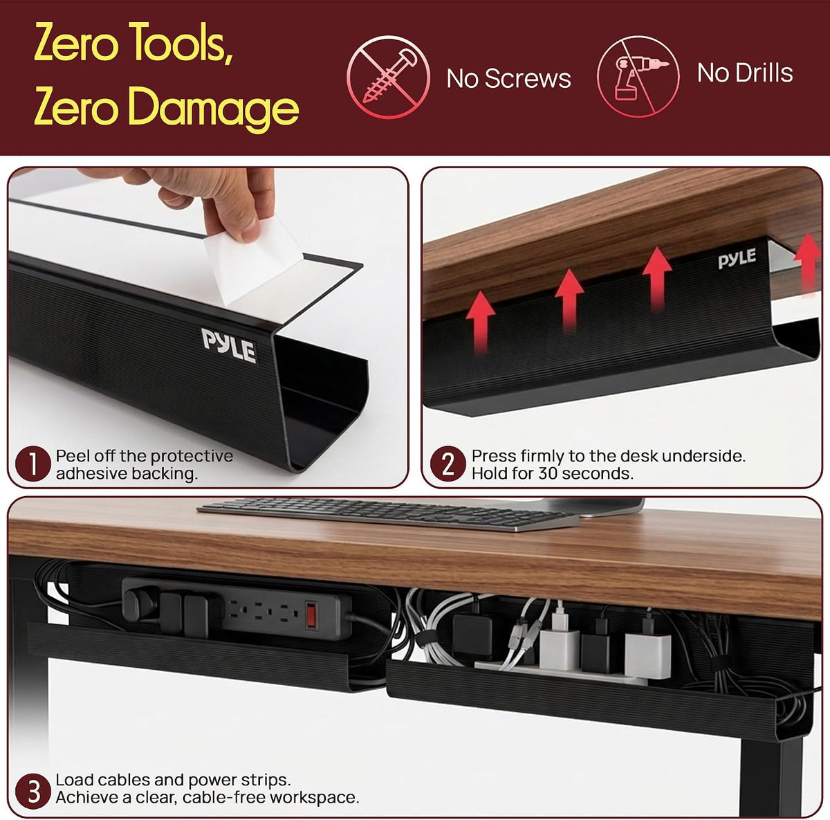 Pyle 2-Pack 17" Under Desk Cable Management Tray, Under Desk Cable Organizer with Adhesive Mount, Wire Management Under Desk for Home Office & Gaming Setup, Durable Plastic, 20 lb Capacity, Black