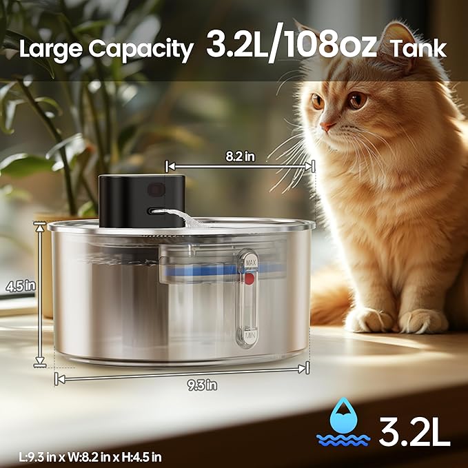 Virtulance No Pump Cat Water Fountain with 3 Filter - 3.2l/108oz Wireless Stainless Steel Pet Water Fountain, Cordless Automatic Dispenser, Battery Operated Fountain with Motion Sensor