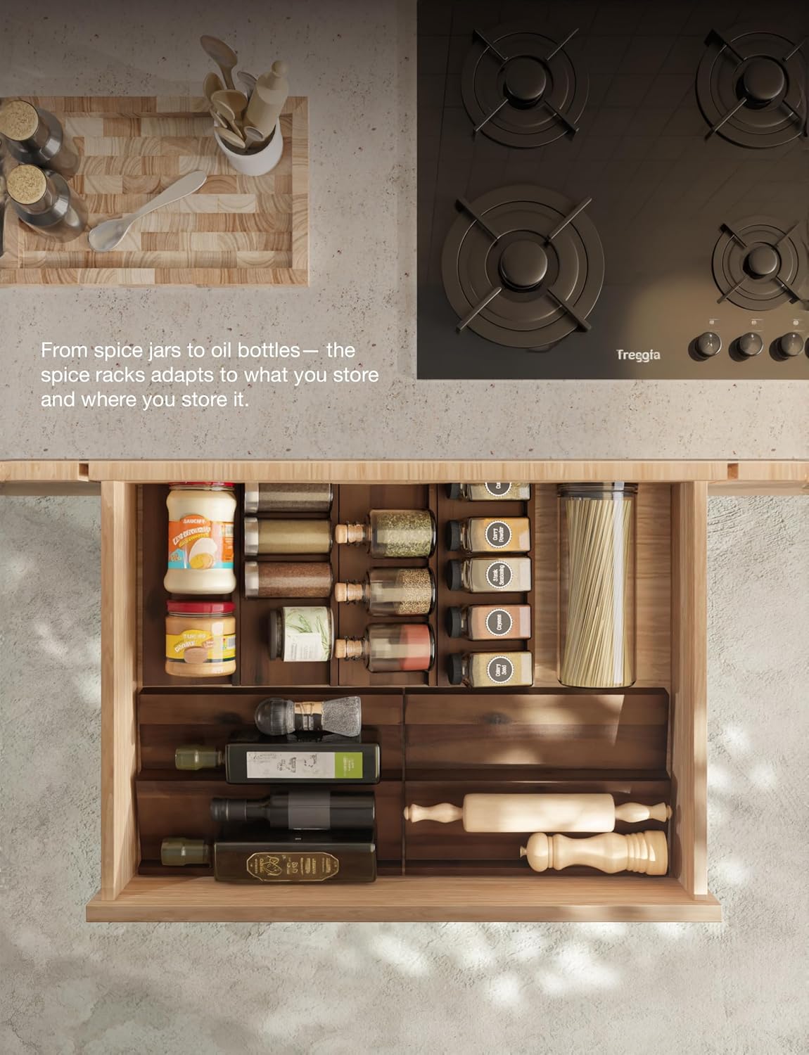 Tinamo Acacia Wooden Spice Rack Organizer for Cabinet, 8 Pcs, Walnut Finish