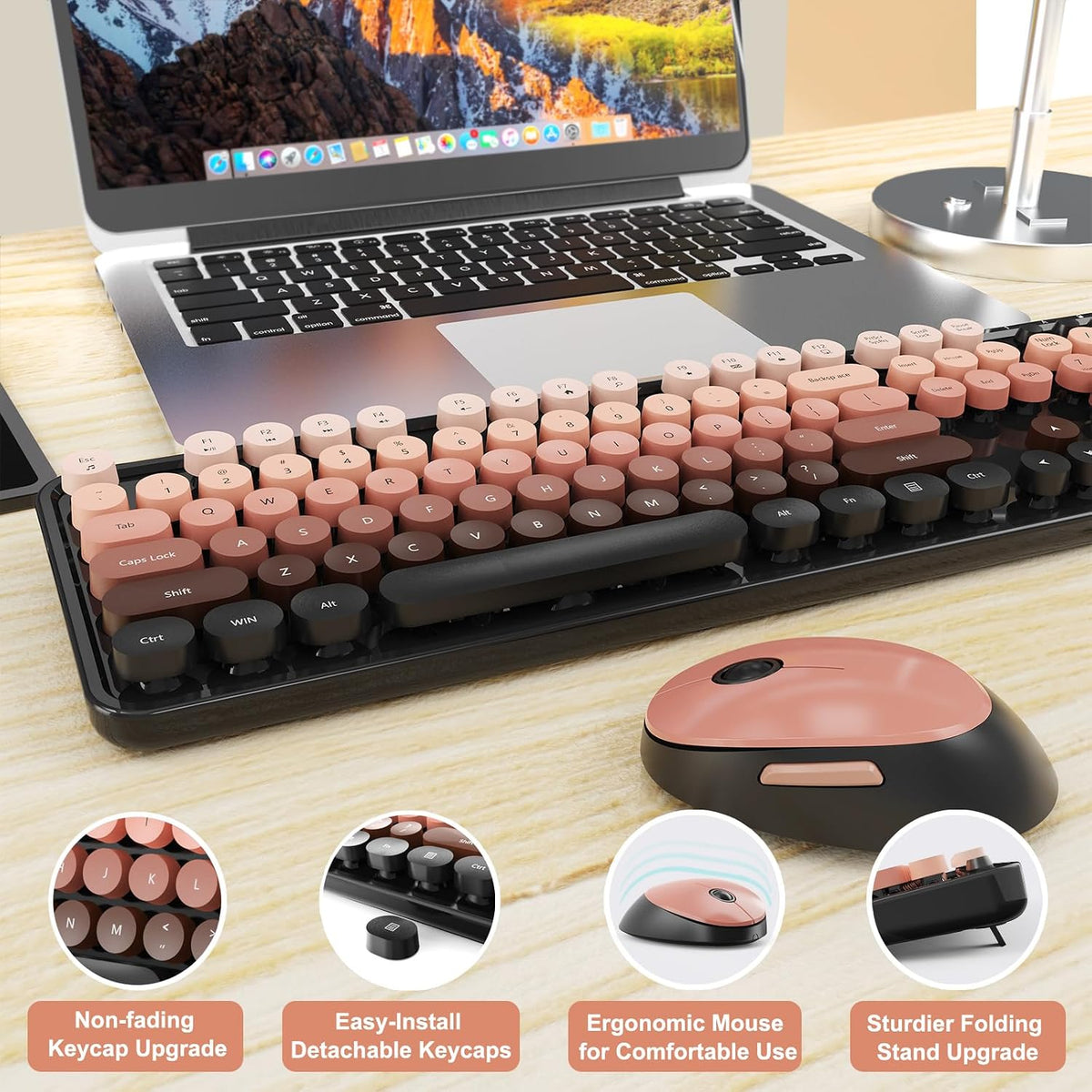 SkyGive Wireless Keyboard and Mouse Combo, Ergonomic Full Size Typewriter Retro Round Keycaps Keyboard, Compatible with Windows, PC, Perfect for Home and Office Keyboards (Aurora Red)