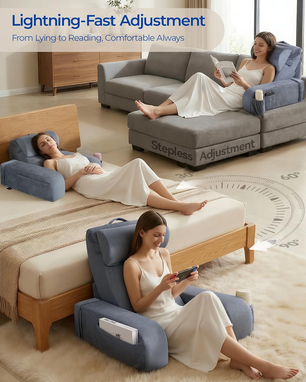 Kayfia Reading Pillow, 30-90° Stepless Adjust Angle & Height, Medium, Grey