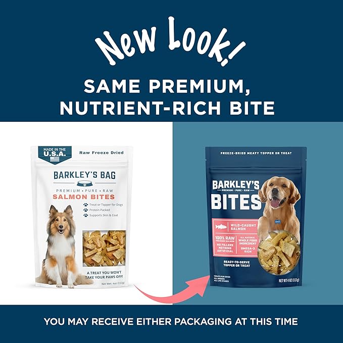 Barkley’s Bag Salmon Bites, Freeze Dried Dog Treats and Food Topper, Made with Wild-Caught Salmon, Bite-Sized Whole Pieces for Training Rewards, for All Dog Breeds, Ages & Sizes, 4 Oz Bag (1 Pack)