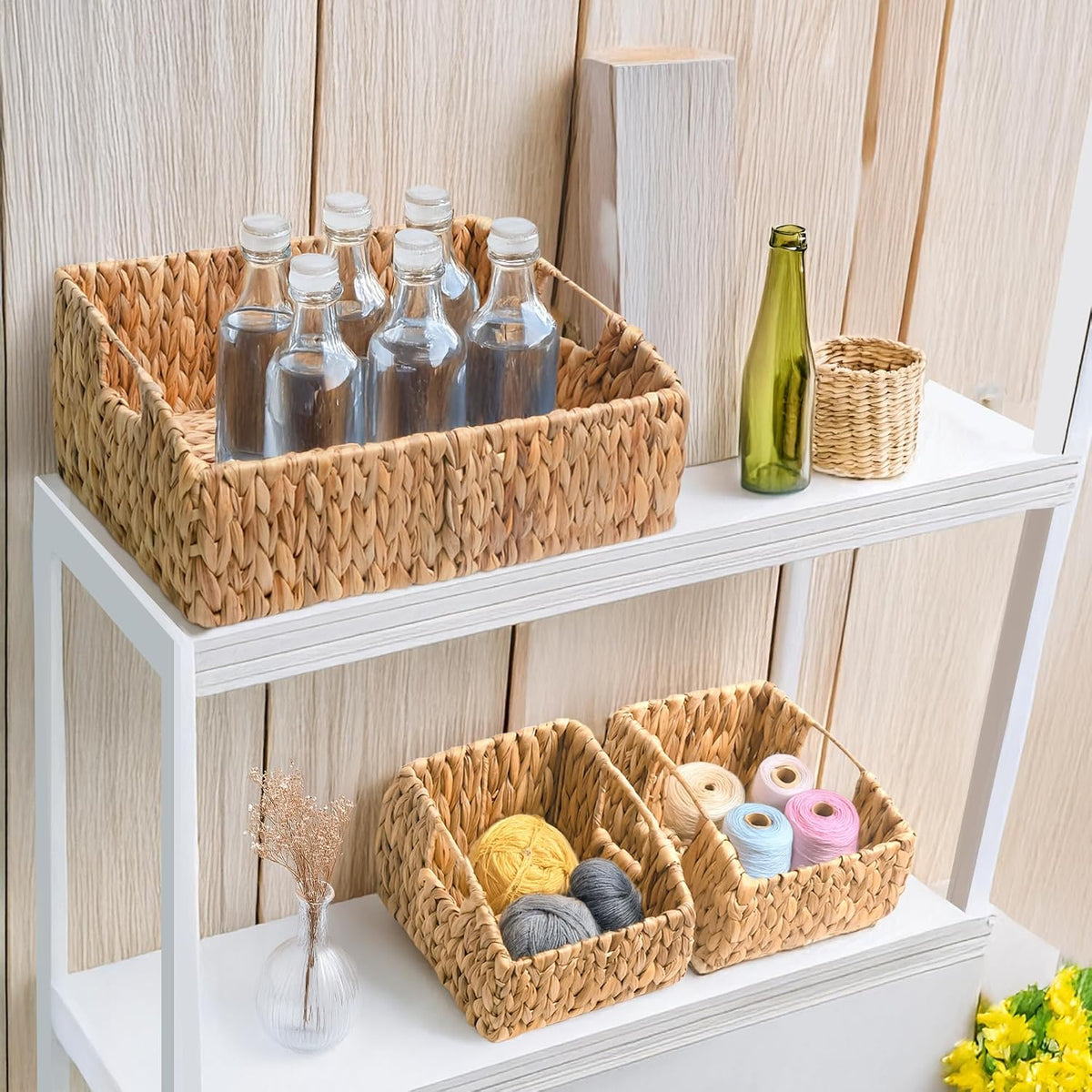 KOKODO Rectangular Wicker Storage Baskets for Shelves, Set of 3 Water Hyacinth Woven Bins with Handles, Open Front Pantry Shelf Organizer for Closet, Bedroom, Boho Decorative, Natural
