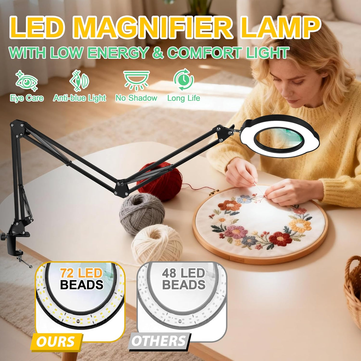 15X Magnifying Glass with Light, Stand & Clamp, Ultra Long 3-Section Swing Arm LED Magnifying Lamp, Dimmable with 5 Color Modes, Hands Free Desk Lamp for Workbench, Repair, Close-Up Work