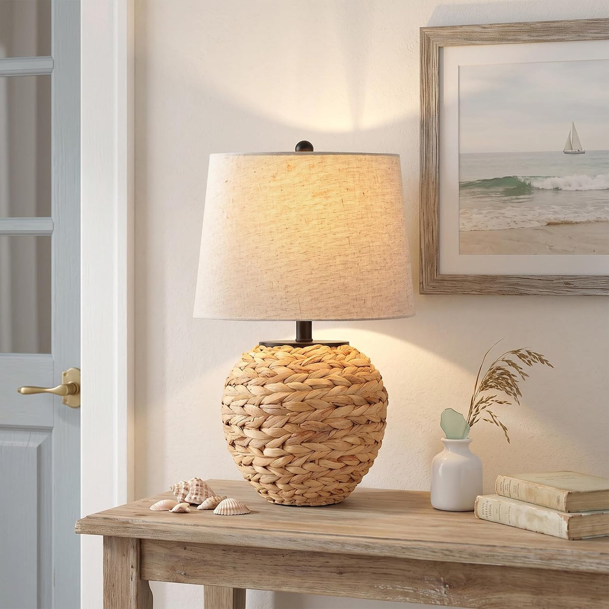 PARTPHONER 23’’ Rattan Table Lamp with Natural Woven Water Hyacinth Basket Base & Linen Drum Shade, Boho Farmhouse Bedside Lamp for Living Room Bedroom, Includes 3-Color Temperature LED Bulb