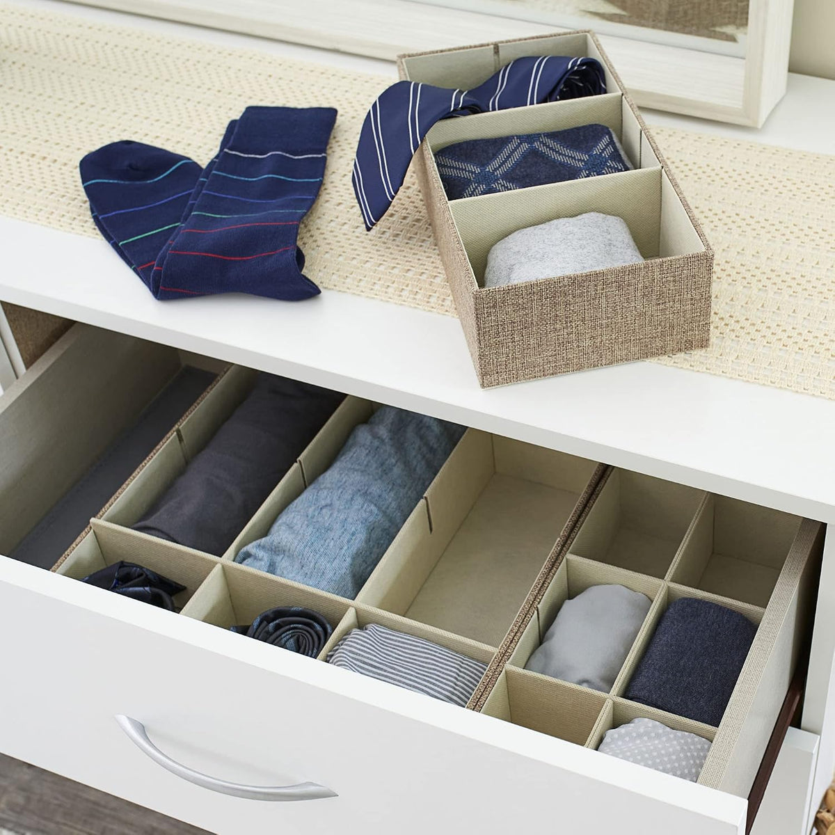 Household Essentials 3‑Piece Drawer Organizer Starter Set in Customizable Inserts of Large and Small Trays, Beige
