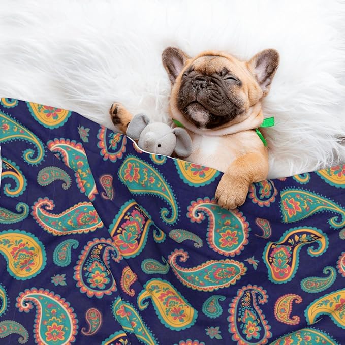 Reversible Plush Throw for Dogs and Cats, Colorful Paisley Flowers, Double Sided Blanket with Nubby Dot Side and Sleek Side Ideal for Cuddling Nesting Security