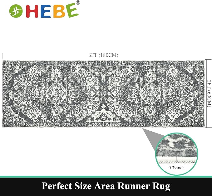 HEBE Hallway Runner Rug 2'x6' Washable Vintage Distressed Area Rugs Non Slip