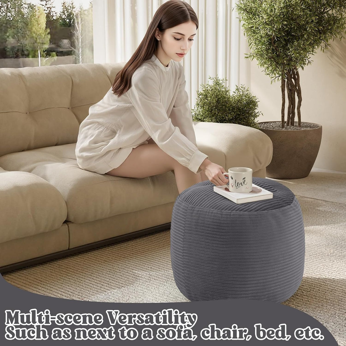 MeMoreCool Round Pouf Ottoman 20x15 Inch, Corduroy Footstool, Dark Grey