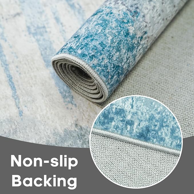 2.6x14 Extra Long Runner Rug Grey Abstract: Washable Non-Slip Carpet