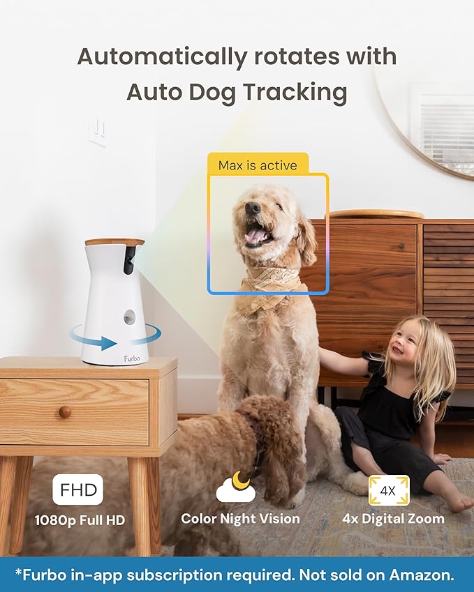 Furbo 360° Dog Camera + Power Adapter [Subscription Required] Unlock w/Paid Plan: Dog Safety Alerts, Rotating Pet Treat Toss w/ 2-Way Speaker, Smart Cam w/Phone App (Low Risk, 3mo Min. Cancel Anytime)
