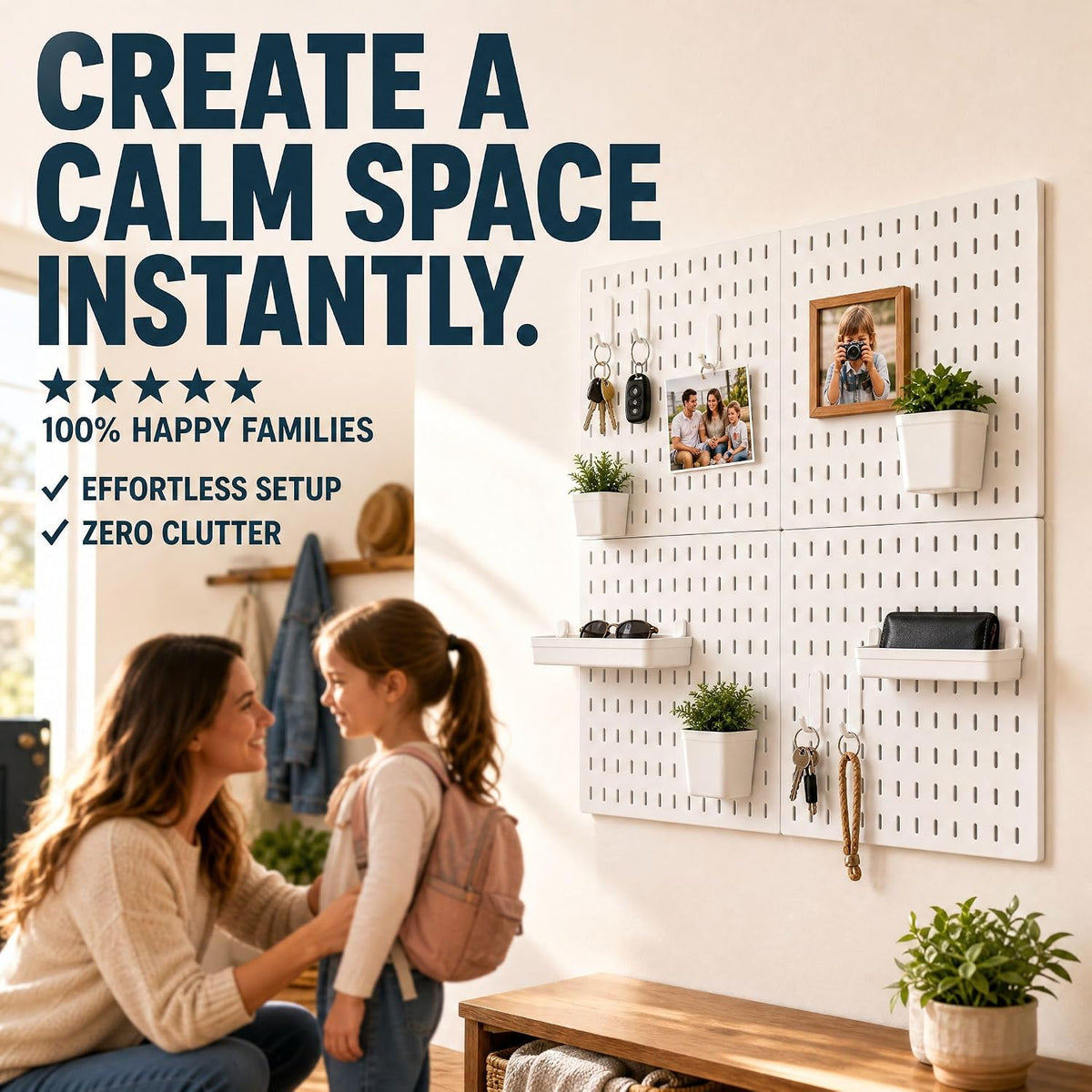 AKTOP Plastic Peg Board Wall Organizer 4-Pack, 12"x12" Pegboard Kit, White