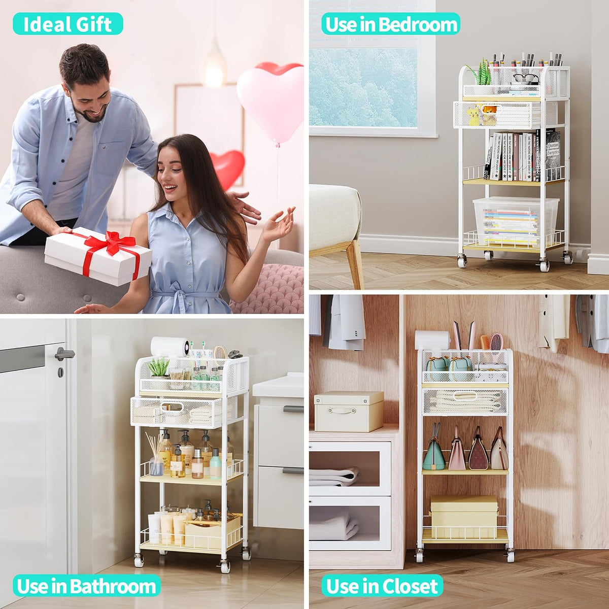 HapiRm Makeup Organizer Storage Cart - Floor Skincare Make Up Organizers with 4 Drawers, Rolling Makeup Cart Vanity Organizer Cosmetics Display Cases Holder for Skin Care Nail Polish Pure White