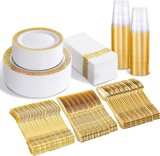 bUCLA 350PCS Gold Plastic Plates Disposable