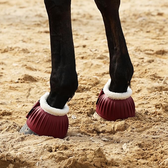 Harrison Howard Rubber Pull-on Bell Boots with Fleece Lining and Extra-Large Leather Touch-Close Tape Hoof Overreach Protection for Horses Sold in Pairs Wine Red L
