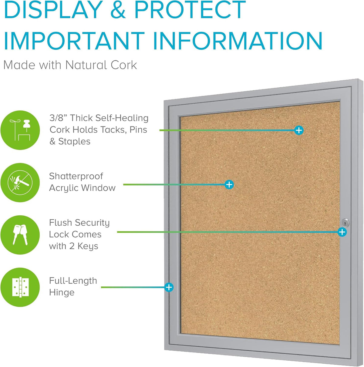 Ghent 36"x30" 1-Door indoor Enclosed Bulletin Board , Shatter Resistant, with Lock, Satin Aluminum Frame - Natural Cork (PA13630K) Made in the USA