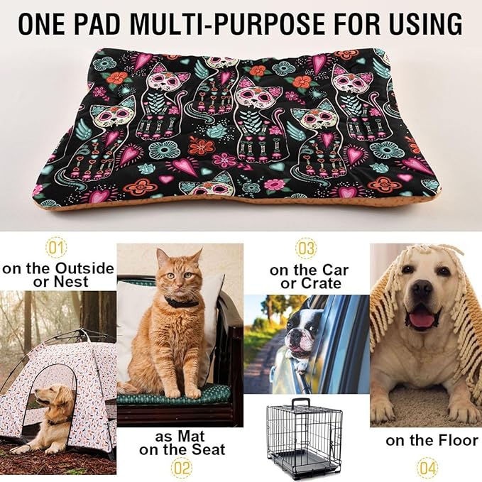 Gothic Cat Sugar Skull Pet Bed Cute Dog Bed Mat Absorbing Non Slip Pad Pet Sleeping Mat for Small, Medium, and Large Dogs Puppy Cat 24 in x 18 in