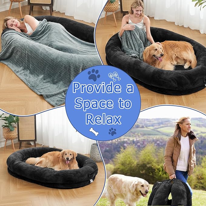 Human Dog Bed - 72"x48"x10" Large Gaint Shared Bed for Adult - Flufelbed Standard Cloud Bed for Humans and Dogs - Nap Bed Bean Bag Bed Faux Fur Fluffy Orthopedic Pet Bed Large Black
