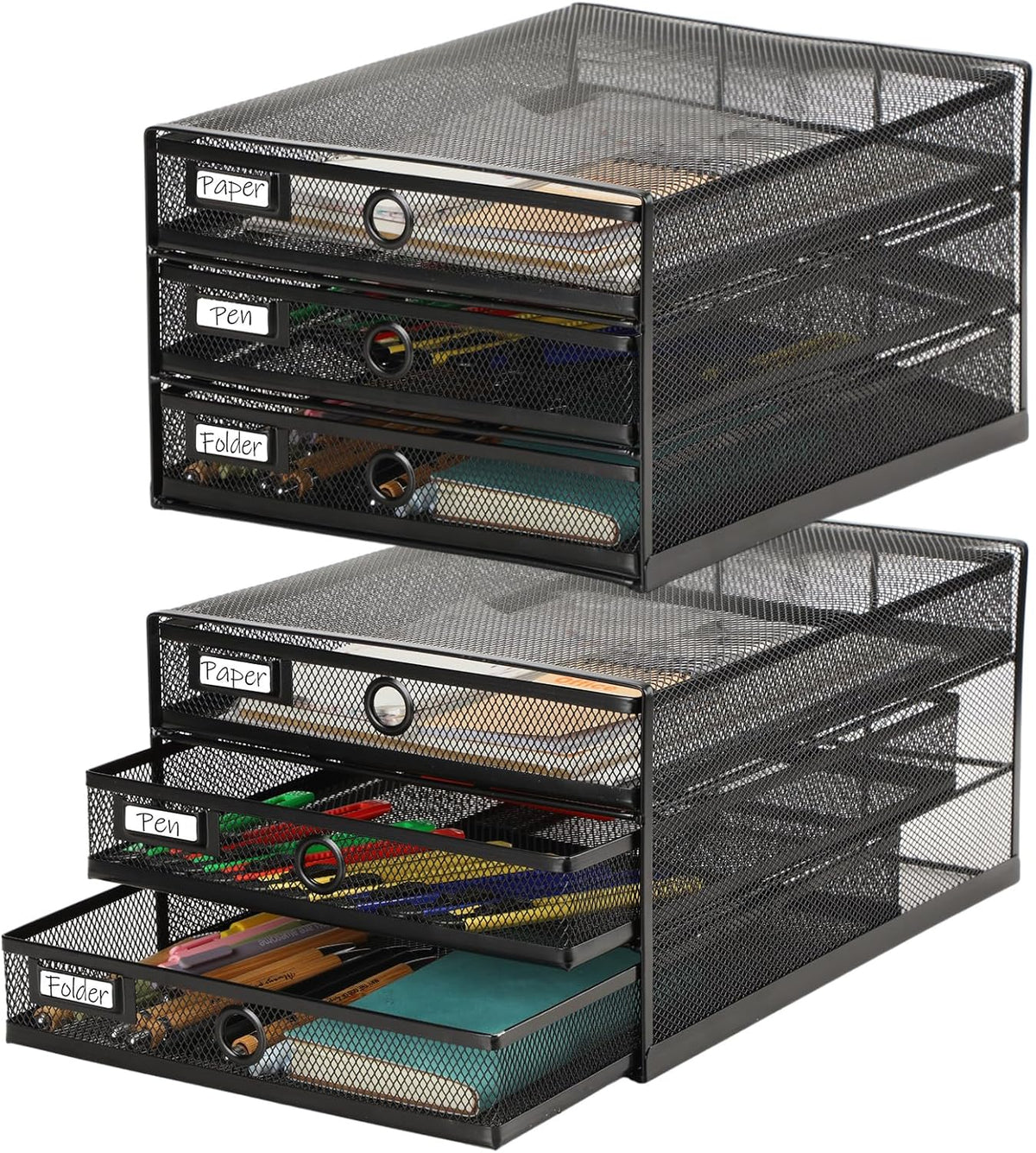 Zhanmai 2 Pack Black Desk Organizer Total Wire Mesh with Drawer, 3 Tier