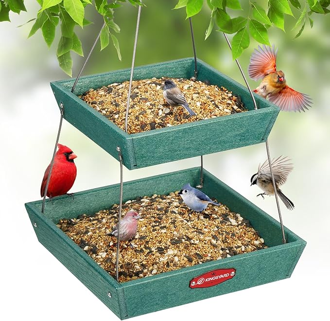 Kingsyard 2 Tier Large Platform Bird Feeders for Outdoors Hanging, 5 lbs Capacity Recycled Plastic Flat Mealworm Bird Feeder Tray, Garden Decoration Attracting Cardinal Blue Jay, Green