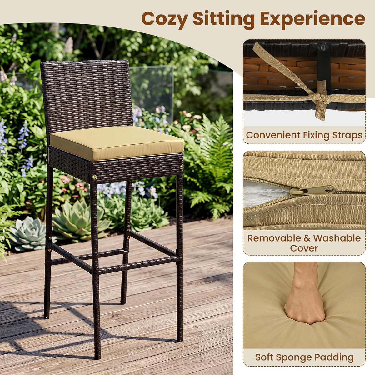 RELAX4LIFE 5-Piece Outdoor Bar Set - Wicker Rattan Bar Height Dining Table w/Acacia Wood Top 4 Bar Stools Chairs Seat Cushions Backrest Footrest Outside Patio Bistro Set for Backyard (Brown, 7-Piece)